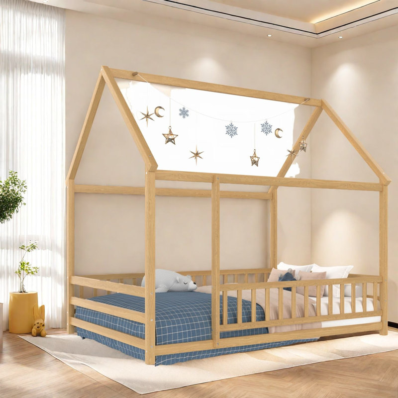 Sturdy Pine Wood Full Size Floor Bed With Roof, Modern Natural Design