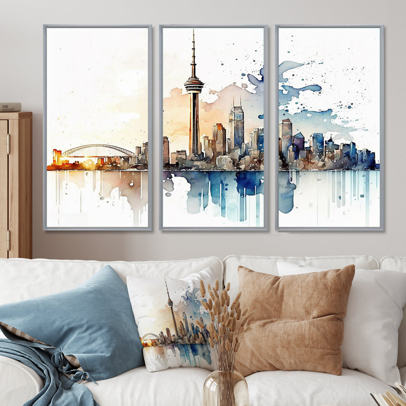 Toronto Skyline I - 3 pièces sur toile, H 40 po x l 60 po, Cadre argenté