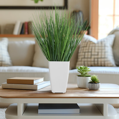 17" Faux Onion Grass in White Rectangle Pot
