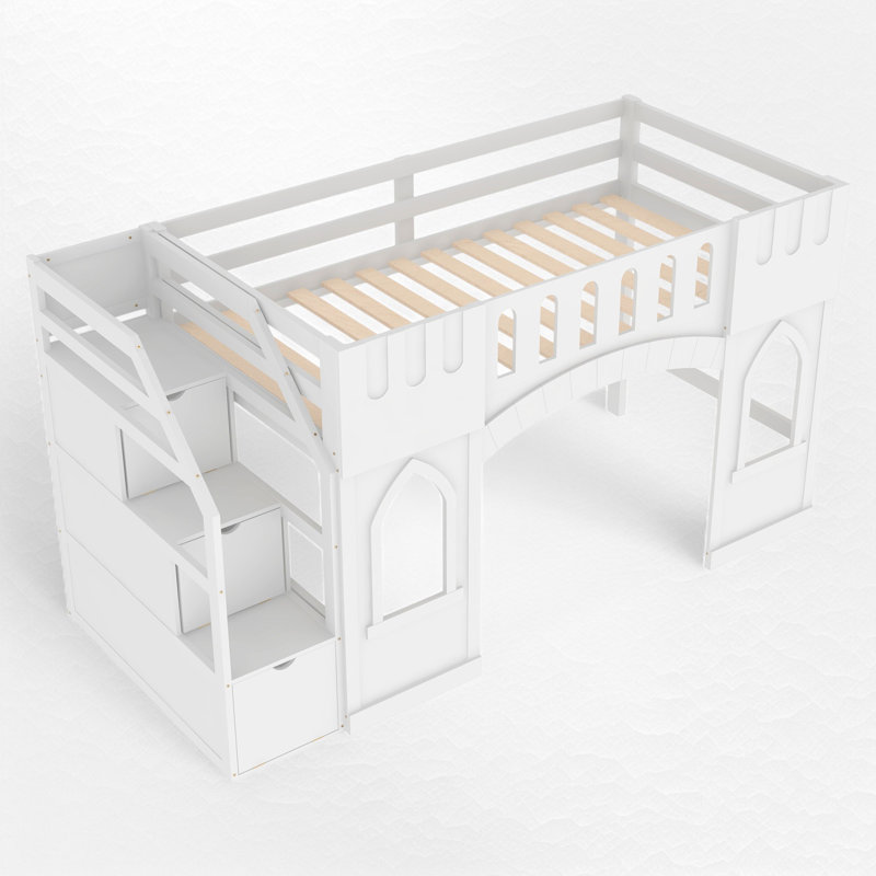 Twin Size Loft Bed With Storage Staircase And Window, White