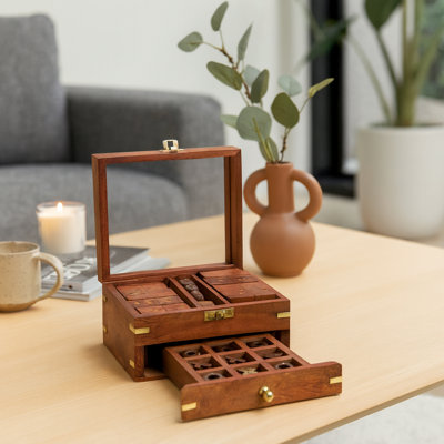 3 In 1 Classic Tabletop Game Set In Wooden Case Storage -  Decorative Coffee Table Game For Family Game Night Or Living Room Decor - 6", Brown & Gold