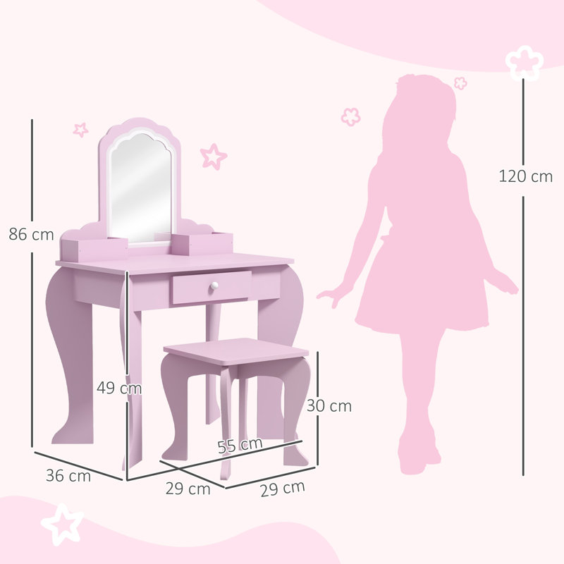 Oaklynn Kids Dressing Table with Mirror, Stool for Ages 3-6 Years Pink