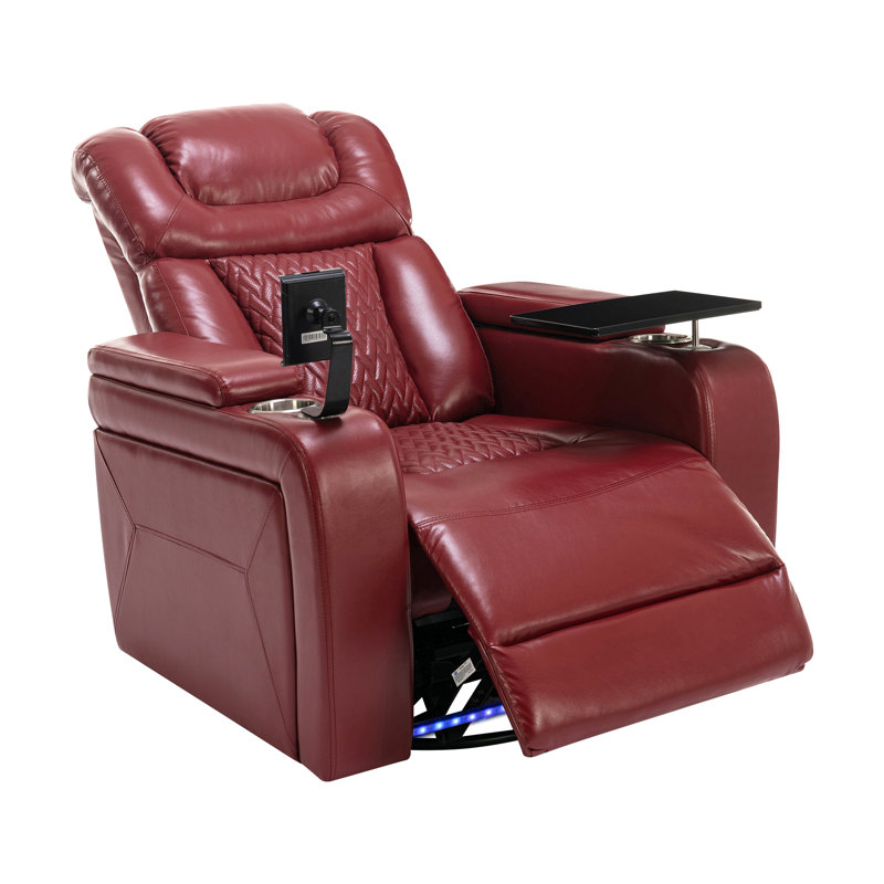 270 Degree Swivel Pu Leather Power Recliner Home Theater Recliner With Tray Table, Phone Holder,Cup Holder,Usb Port, Red