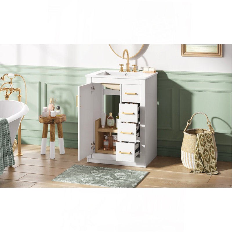 Meuble-lavabo 24 po avec lavabo intégré en céramique, meuble-lavabo simple avec 1 porte et 3 tiroirs pour salle de bain petite et moyenne, blanc