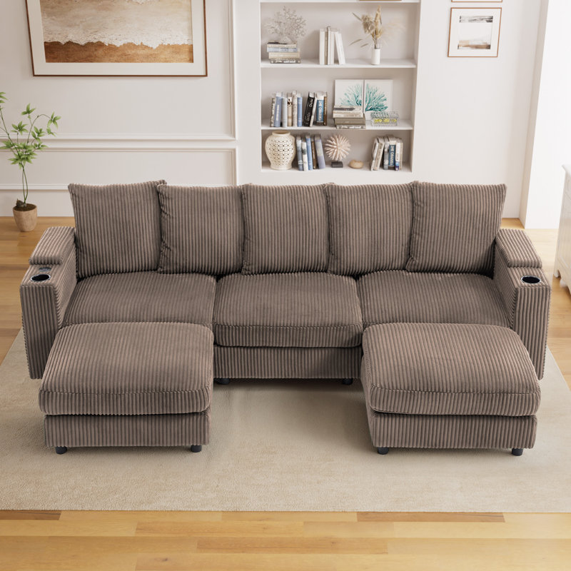 Canapé modulaire surdimensionné en velours côtelé avec sièges profonds, double repose-pieds et ports de charge, Brun