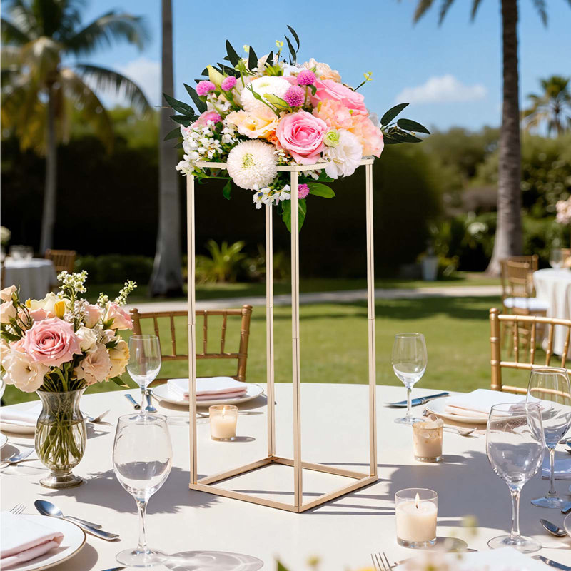 Wedding Flower Stand, 15.75-inch Column Flower Stand, Floral Stands with Acrylic Laminate, Rectangular Floral Display Rack for Wedding, Party, Birthday, Home, French Gold Stands