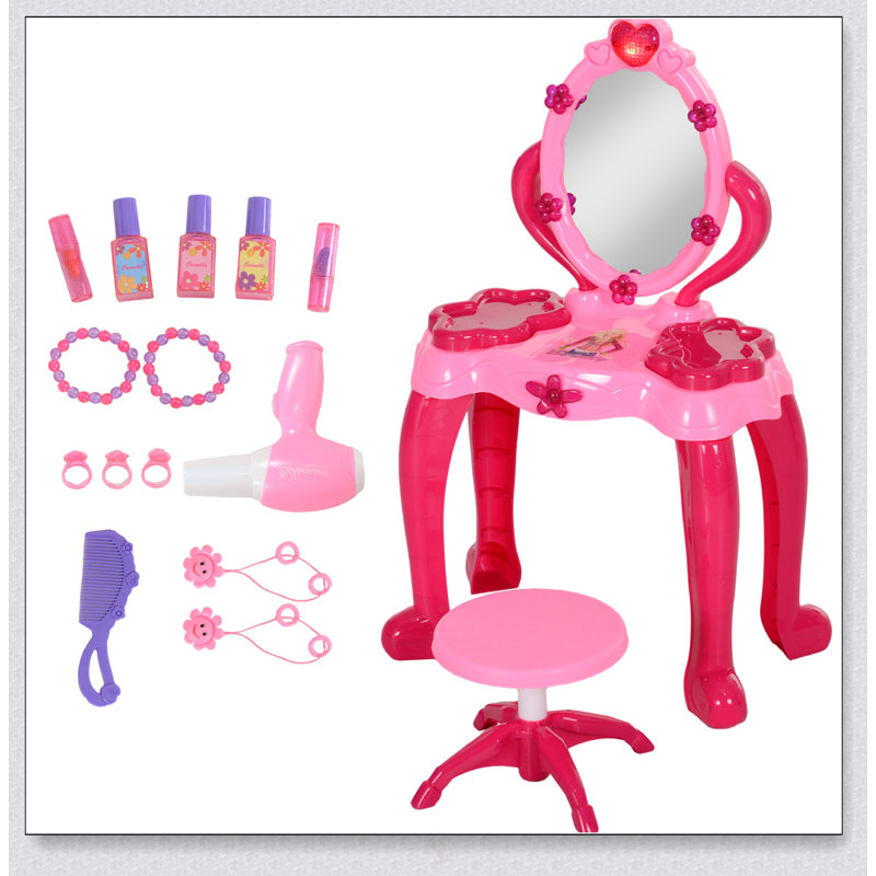 Qaba Kids Vanity Set With Mirror, Stool, And 15 Accessories, Interactive Lights And Sounds For Pretend Play, Ages 3-6