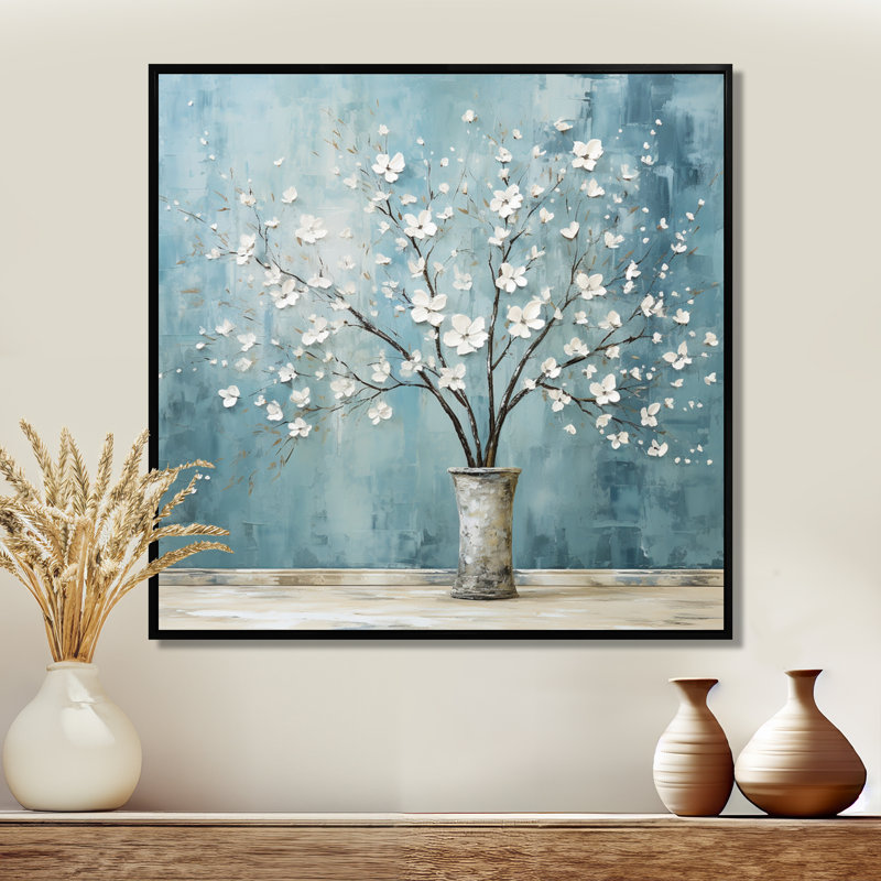 Décoration murale Alyssum dans un vase bleu rétro - Bouquets assortis, Toile avec cadre flottant noir