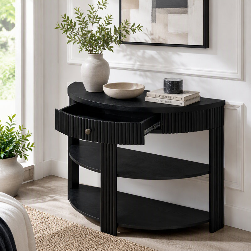 Console demi-lune cannelée avec tiroir et tablettes, Noir
