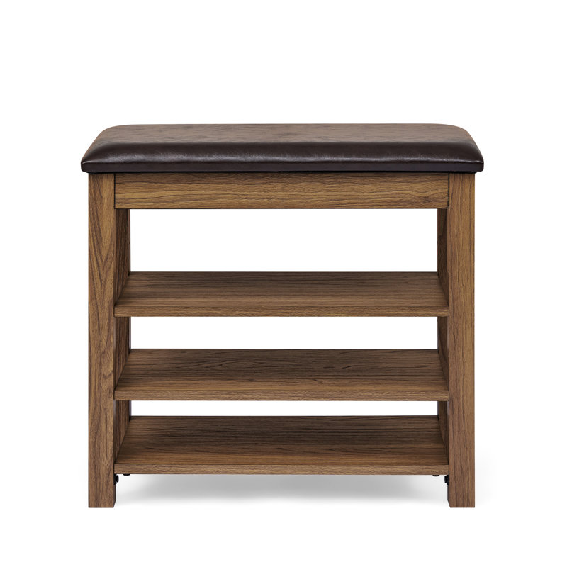 Comfortable Height-Adjustable Stool, Brown Rubberwood, Leather, Storage Space And Practical Bench, Adjustable Height, Three Layers Of Ventilation