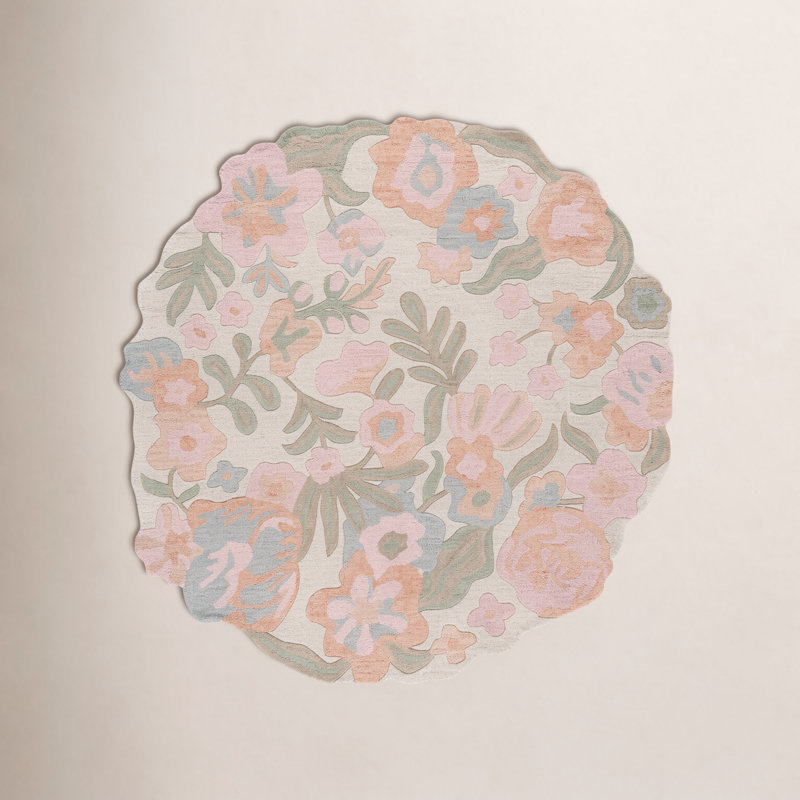 Tapis d'intérieur floral en laine et coton touffeté à la main Nadine Jardin, Rond 6 pi