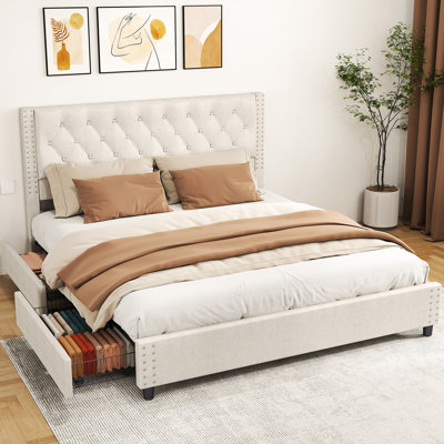 Storage Upholstered Platform Bed, King Size Bed Frame with 4 Storage Drawers, Modern Platform Bed, No Spring Box Needed