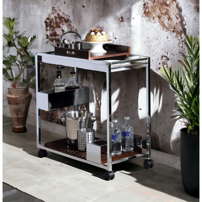 Serving Cart With Wooden Shelves And Removable Tray, For Modern Entertaining And Home Decor.