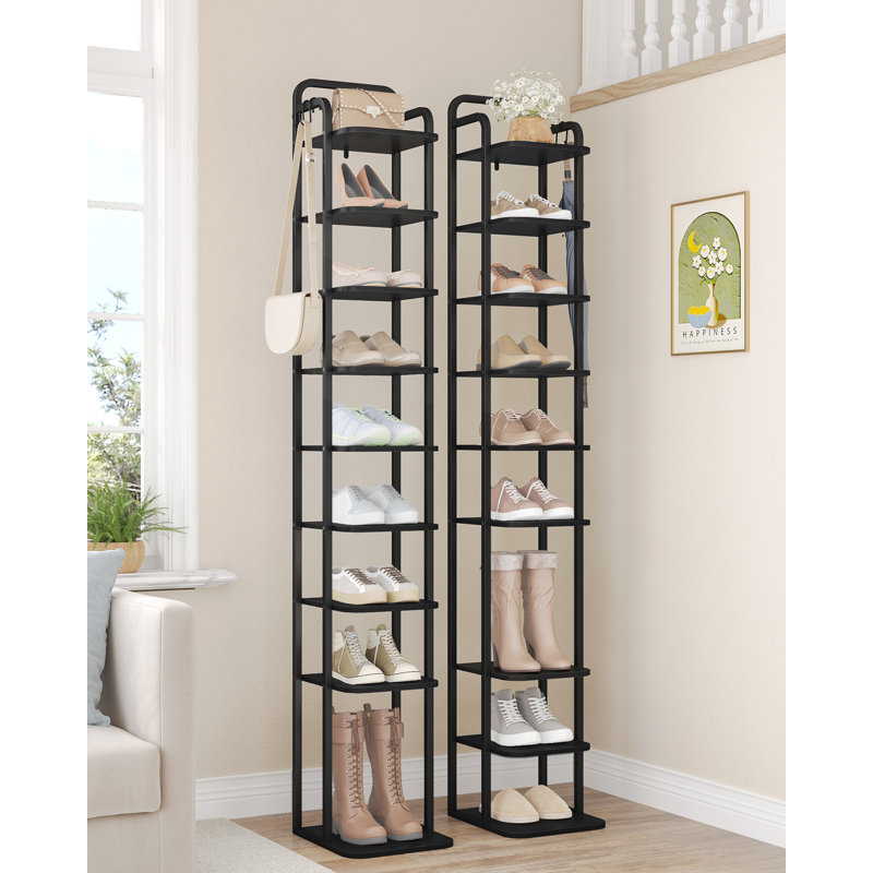 Vertical Shoe Rack, Shoe Shelves, Wood Shoe Organizer for Closet, Entryway, Shoe Tower for Small Spaces, Free Standing, Adjustable, with 2 Hooks, 10 Tier Black