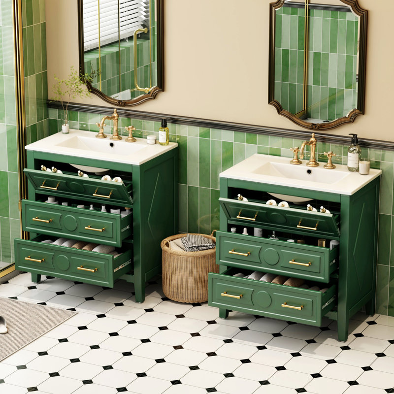 Meuble-lavabo autoportant avec tiroirs de rangement, Vert