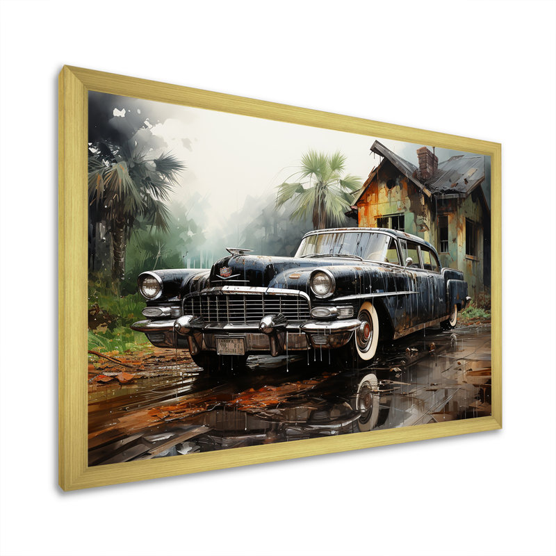 «Noir Vintage Car Elegance», reproduction d'art sur toile rétro, H 24 po x l 32 po x P 1 po, Cadre photo doré simple