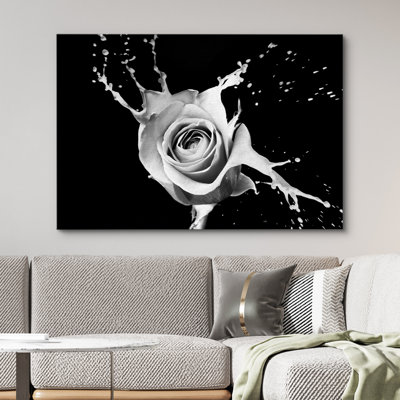 Grande fleur, aquarelle, rose, pétales de fleurs, éclaboussures, décor moderne, photo noir et blanc, grande impression sur toile