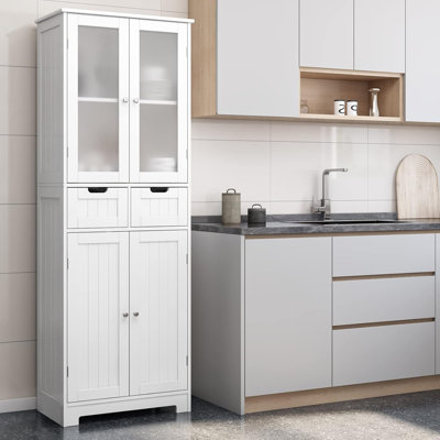 67" Tall Bathroom Storage Cabinet, Freestanding Linen Cabinet With Glass Door And Shelves, Kitchen Pantry With 2 Drawers For Bathroom, Living Room, Di by Lark Manor