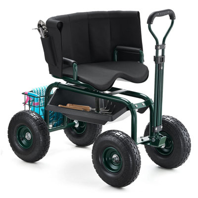 Chariot de jardin roulant vert avec siège pivotant et boîte à outils amovible
