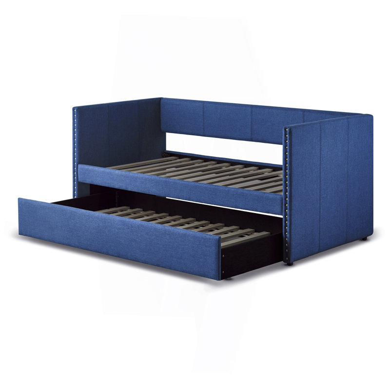 Blue Fabric Upholstered 1Pc Day Bed With Pull-Out Trundle Nailhead Trim Wood Frame Furniture, Blue