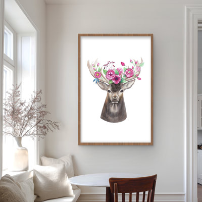 Tête de cerf avec fleurs - rose romantique, impression encadrée