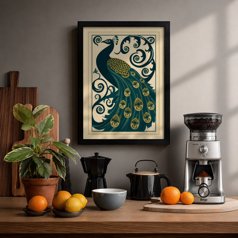 Ornamental Peacock Art Deco - Framed Print, A2 - 59.4 x 42.0 cm, Black