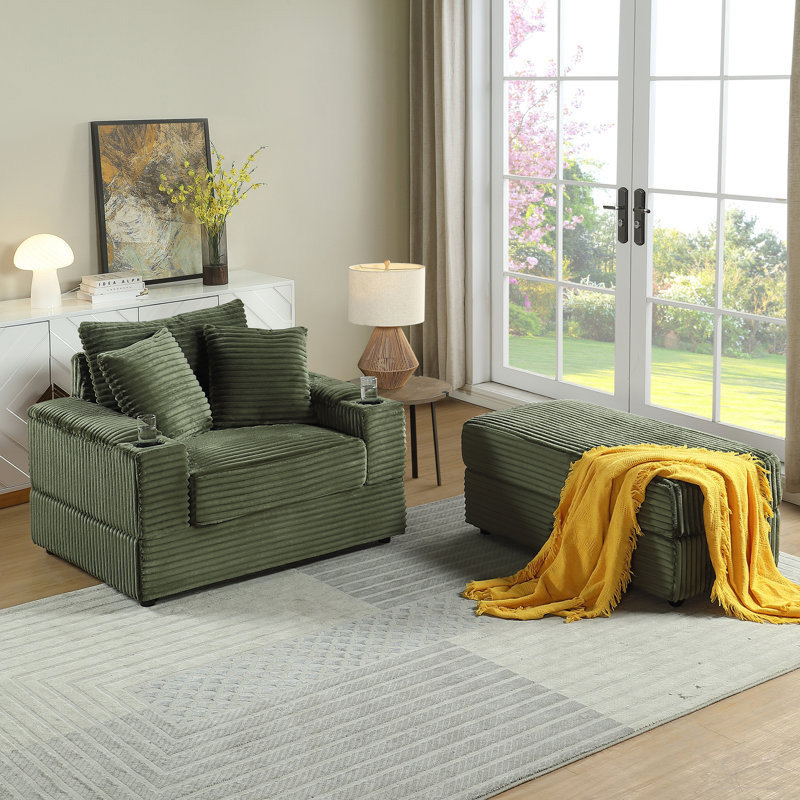 Canapé avec 2 coussins décoratifs et un repose-pieds, Canapé Comfy Sofa, Green Corduroy, 33.55" H x 54.96" W x 43.91" D