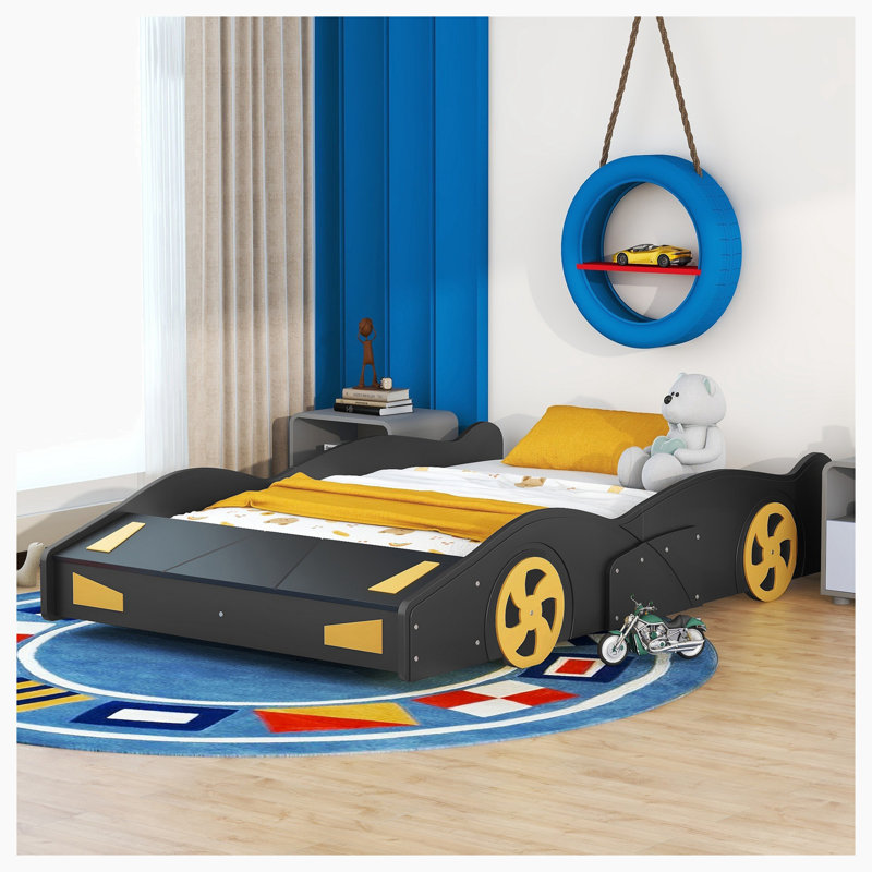 Race Car-Shaped Platform Bed with Wheels and Storage, Dark Blue/Yellow, Full/Double