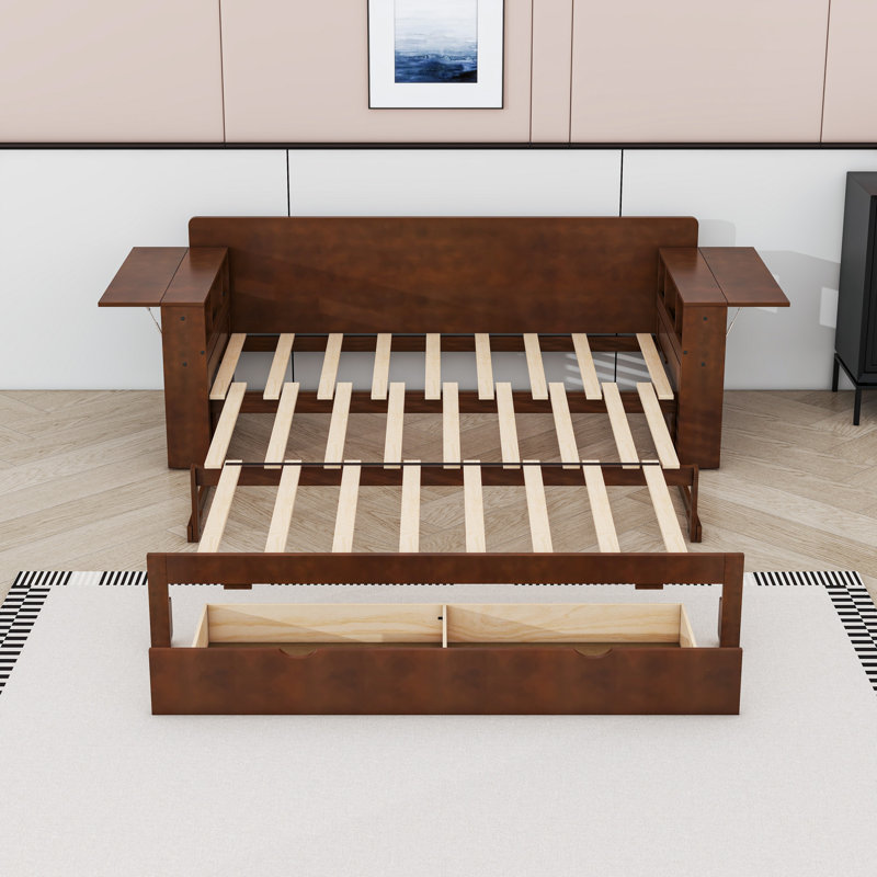 Lit de jour en bois avec bureau amovible, tiroirs de rangement et tablettes, Espresso, Grand lit