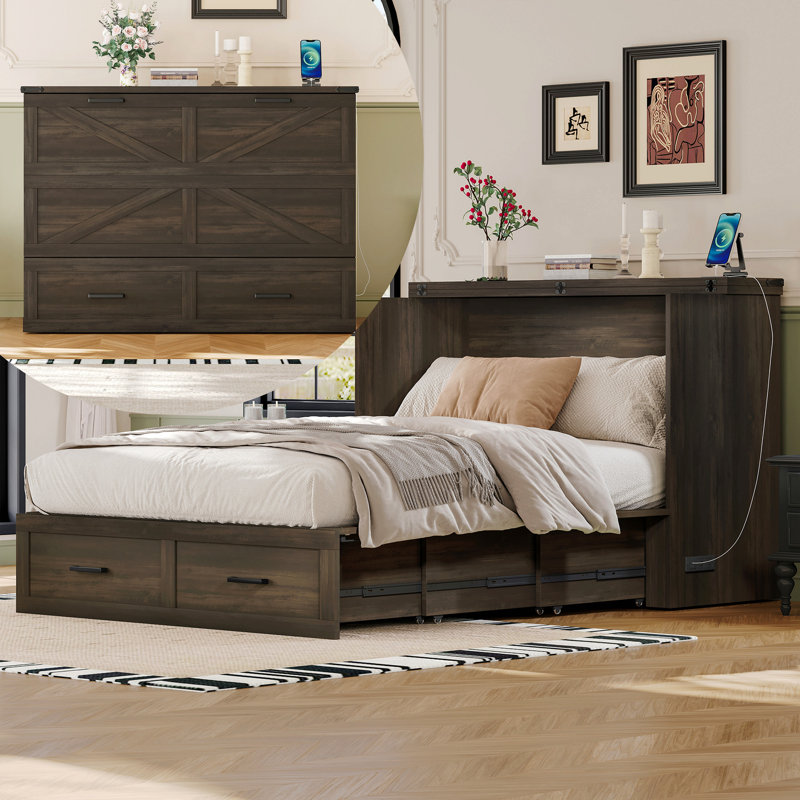 Lit double escamotable pleine grandeur avec station de charge, lit plateforme pliable avec grand tiroir de rangement pour chambre d'amis, petite chambre, gris rustique