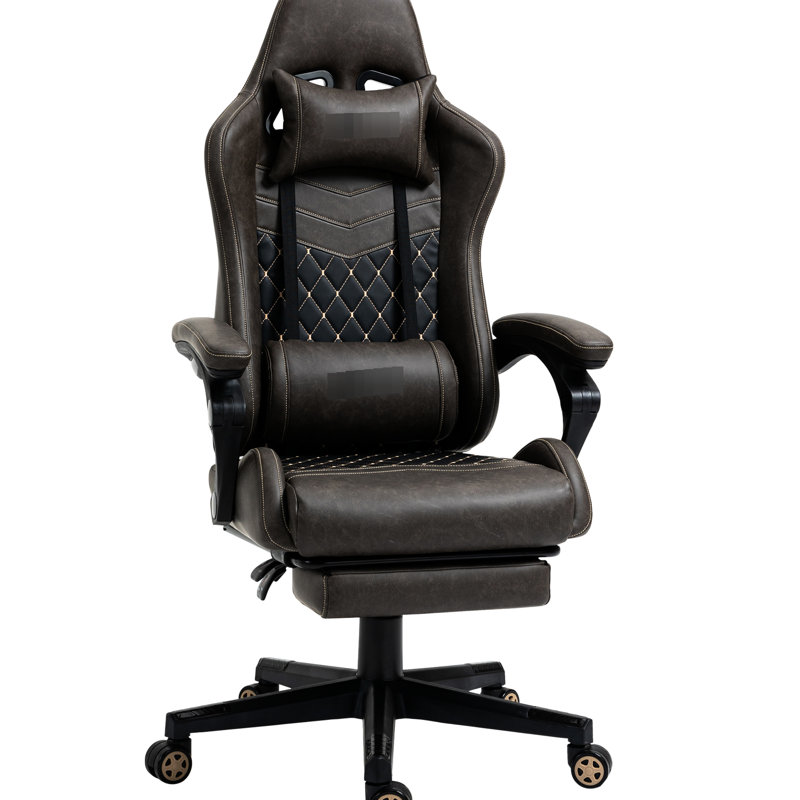 Ergonomic Racing Seat In Brown Pu Leather, Adjustable, Footrest, Lumbar Padding, Swivel Leather Gaming Armchair, Support, High Back