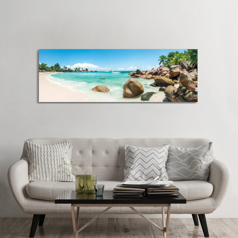 Panoramic View Of A Tropical Beach On The Island Of Praslin, Seychelles by Jan Becke - Wrapped Canvas Panoramic Print