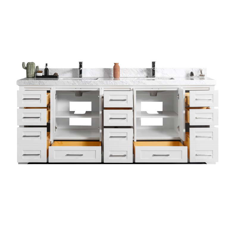 Eser 84'' Double Bathroom Vanity with Top, White, Pearl Light Gray Quartz