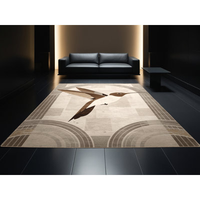 Machine Washable Ozain Hummingbird Art Deco Arc Rug in Beige – Beige Binding