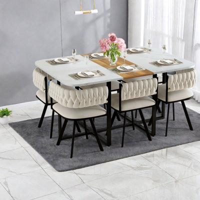 Space-saving Dining Table Sets With Velvet Chairs, Marble Wood Style For Modern Homes
