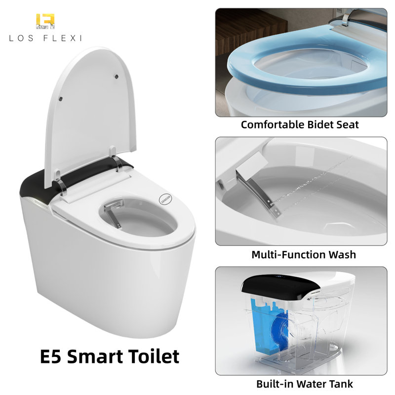 Los Flexi E5 Smart Toilet with Bidet, Built-In Tank, Auto Lid, Foot Sensor, Warm Water, Heated Seat, Air Dryer, UV Nozzle Light, Remote Control