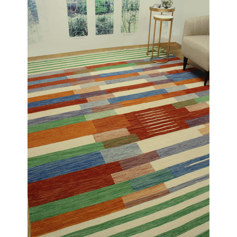 Tapis décoratif vert en laine à rayures Kilim tissé à la main Ames