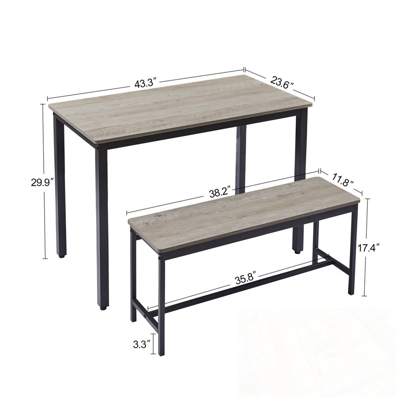 3 pièces Aadi avec 2 bancs de salle à manger, Gris