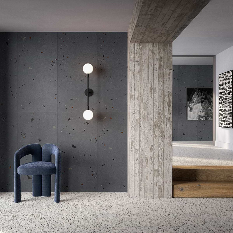 Kobe 24x48 Matte Terrazzo Look Porcelain Tile, Charcoal Gray