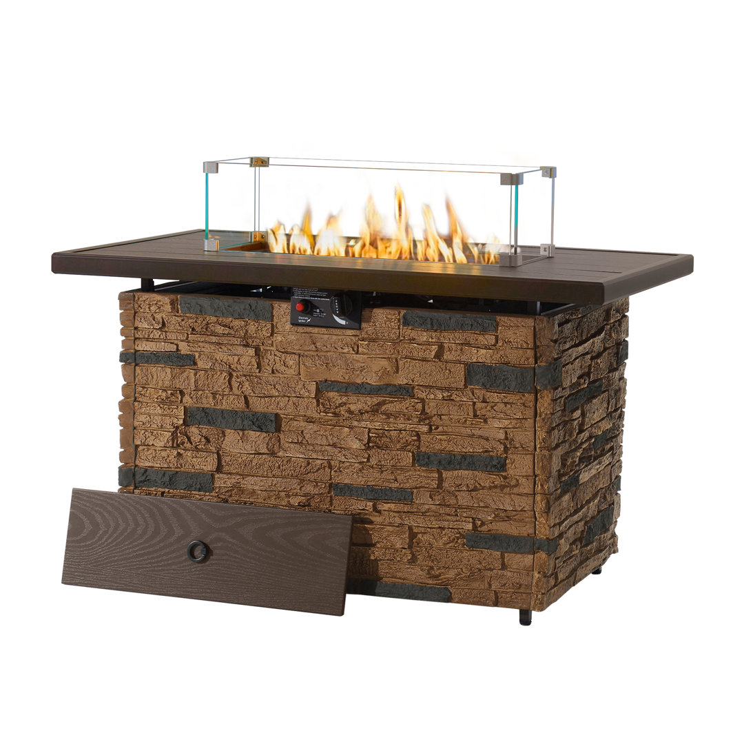 43 Inch Propane Gas Fire Pit Table, Outdoor 5,000 BTU Rectangular Fire Pit With Glass Wind Guard, Glass Rocks and Lid Loon Peak® 