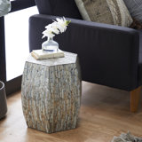 Alissa Mother of Pearl Shell Handmade Shell Mosaic Hexagon Side End Gray Accent Table with Brown Accents