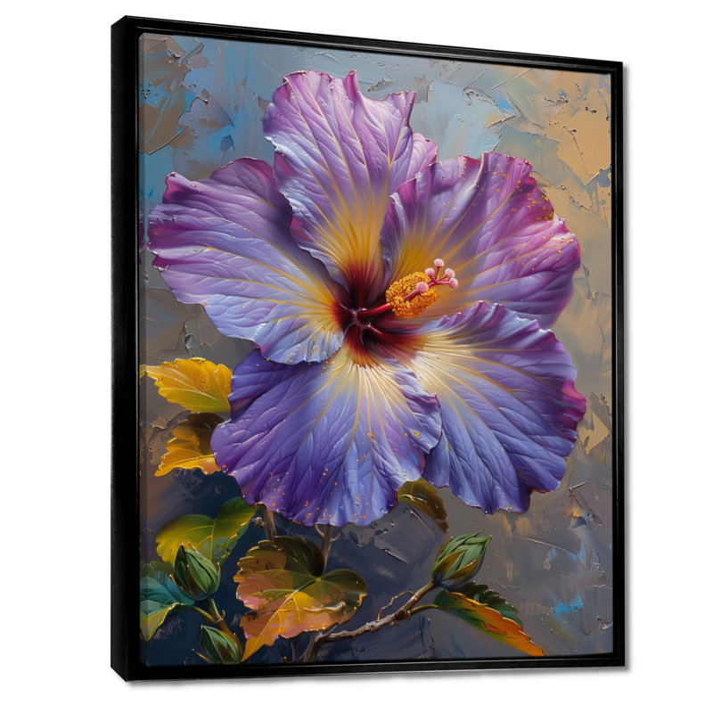 Hibiscus mauve, jaune et violet, Toile avec cadre flottant noir, H 44 po x l 34 po x P 1,5 po