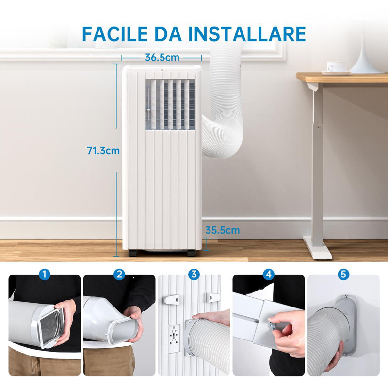3-in-1 9000 BTU Portable AC – Cools, 42L/day dehumidifier, 2-speed fan. 24H timer, remote, window kit. Energy efficient, quiet, compact. For UK rooms up to 300 sq.ft. White.