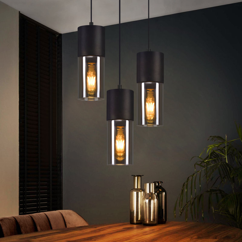 Chrisshawn E27 Black Glass Cylinder Design Pendant Light, 3 Flame Round