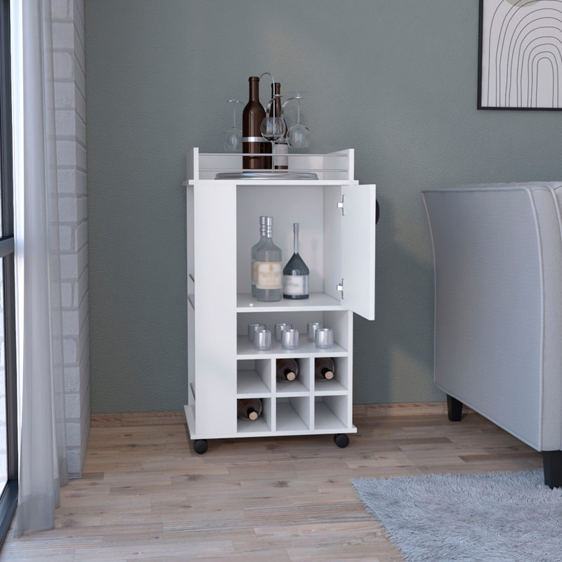 Chariot-bar avec 6 porte-bouteilles et roulettes intégrés, blanc, Blanc