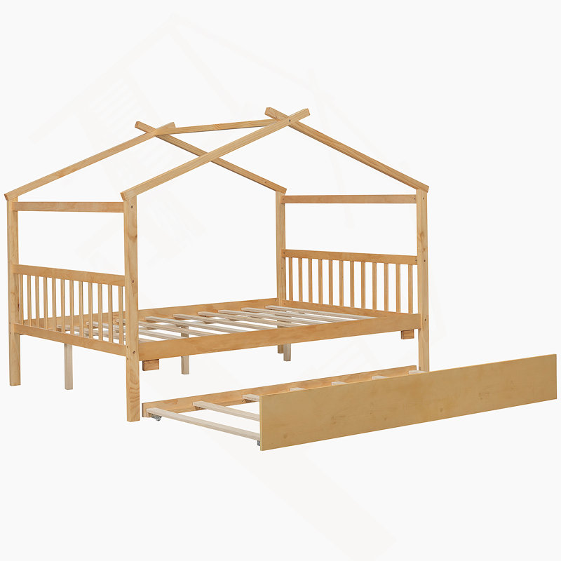 Lit double pleine grandeur avec lit gigogne simple, Naturel