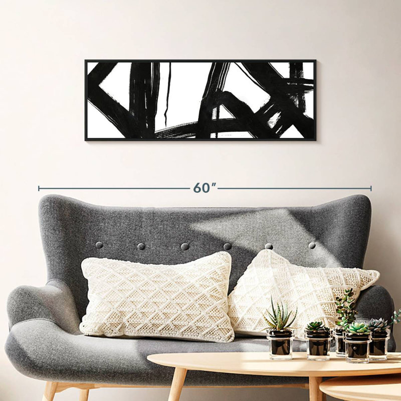 Encre noire stries VII, 37 po x 13 po, Cadre flottant noir