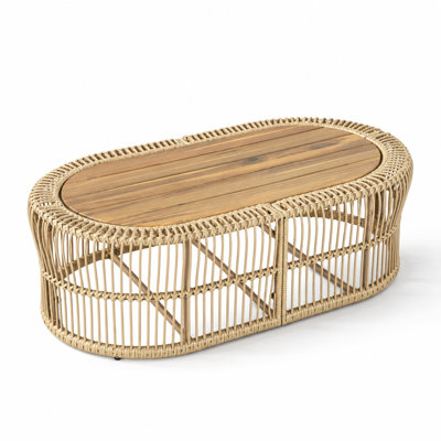 Oval Hand-Woven Wicker Coffee Table with Solid Acacia Wood Tabletop, 150 LBS Weight Capacity, Boho Low-Profile Table for Indoor & Covered Outdoor Use, Ideal for Living Rooms, Sunrooms, Patios, Garden Lounges, Holds Drinks, Magazines, Plants