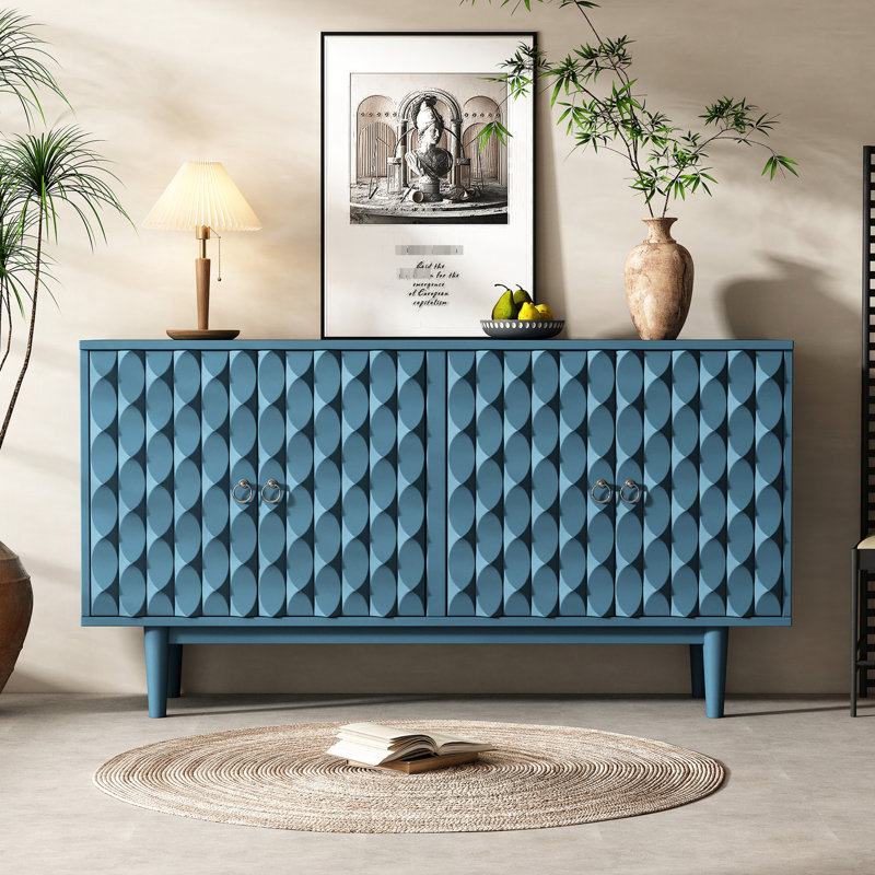 Buffet moderne à 4 portes avec portes à motif convexe et 2 poignées, Marine