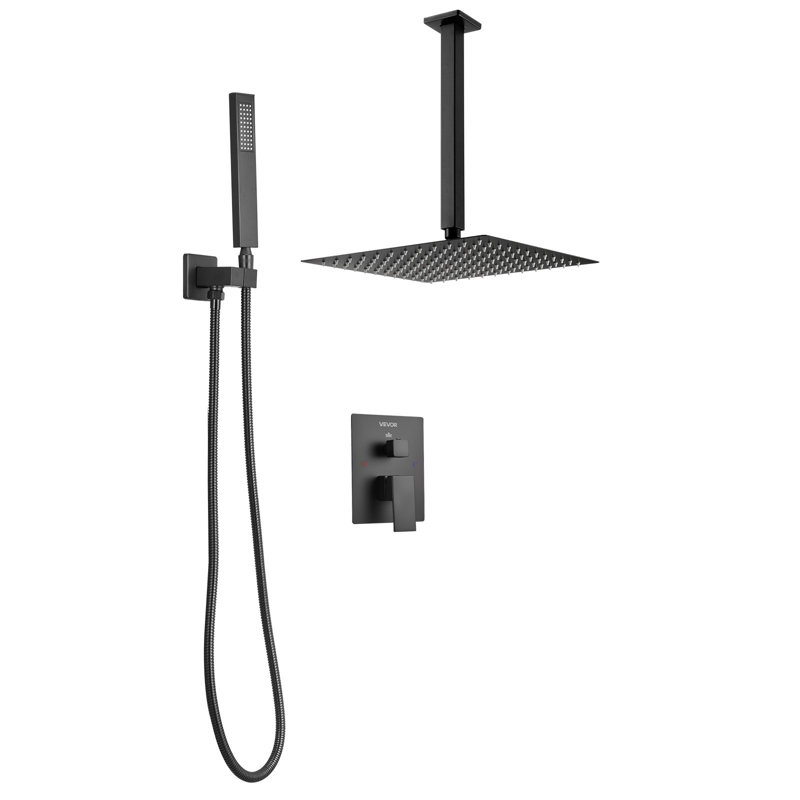 Shower Faucet Set 12" Square Rain Shower Head and Hand Set Matte Black, Matte Black